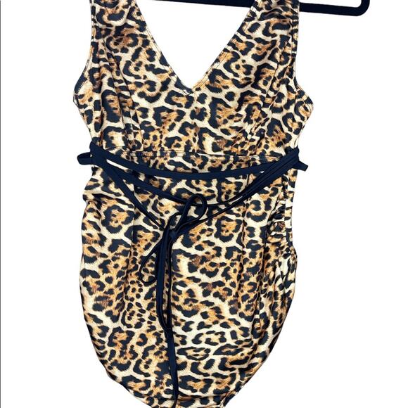 ASOS Leopard Print Black Brown Belted One Piece Deep V Neck Bathing Suit Size 6 - Picture 1 of 7